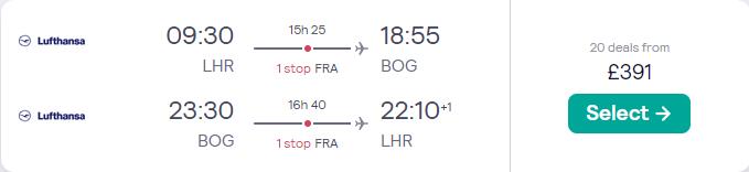 Cheap flights from London, UK to Bogota, Colombia for only £391 roundtrip with Lufthansa. Flight deal ticket image.