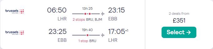 Cheap flights from UK cities to Entebbe, Uganda from only £351 roundtrip with Brussels Airlines. Flight deal ticket image.