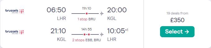 Cheap flights from UK cities to Kigali, Rwanda from only £350 roundtrip with Brussels Airlines. Flight deal ticket image.