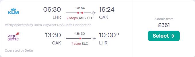 Click here to book this cheap flight deal. Cheap flights from London, UK to Oakland, California for only £361 roundtrip with KLM and Delta Air Lines. Flight deal ticket image.