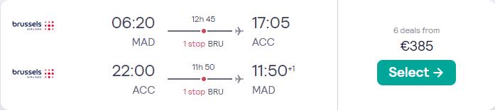 Cheap flights from Madrid, Spain to Accra, Ghana for only €385 roundtrip with Brussels Airlines. Flight deal ticket image.