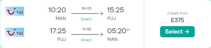 Non-stop flights from Manchester, UK to the Dominican Republic for only £375 roundtrip. Flight deal ticket image.