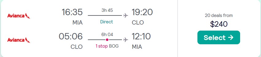Vols d'été de Miami à Cali, Colombie pour seulement 240 $ aller-retour avec Avianca.  Image du billet de l'offre de vol.