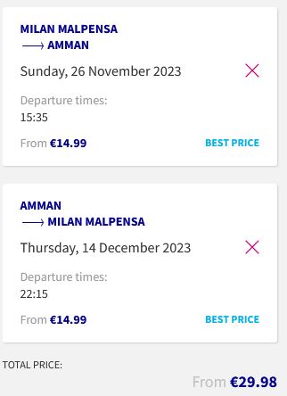 Non-stop flights from Milan, Italy to Amman, Jordan for only €29 roundtrip. Flight deal ticket image.