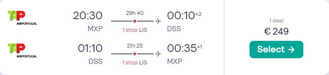 Cheap flights from Italian cities to Dakar, Senegal from only €249 roundtrip with TAP Air Portugal. Flight deal ticket image.