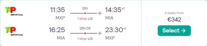 Cheap flights from Milan or Rome, Italy to Miami, USA from only €342 roundtrip with TAP Air Portugal. Flight deal ticket image.