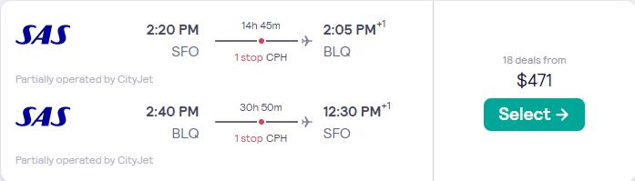 Cheap flights from San Francisco to Bologna, Italy for only $471 roundtrip with Scandinavian Airlines. Flight deal ticket image.