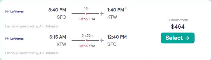 Click here to book this cheap flight deal. Cheap flights from San Francisco to Katowice, Poland for only $464 roundtrip with Lufthansa. Flight deal ticket image.