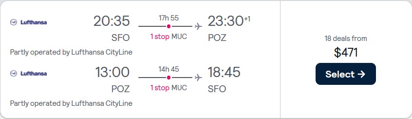 Click here to book this cheap flight deal. Cheap flights from San Francisco to Poznan, Poland for only $471 roundtrip with Lufthansa. Flight deal ticket image.