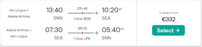 Cheap flights from Shannon, Ireland to Seattle, USA for only €332 roundtrip with Aer Lingus and Alaska Airlines. Flight deal ticket image.