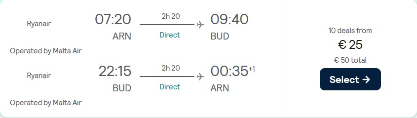 Click here to book this cheap flight deal. Non-stop flights from Stockholm, Sweden to Budapest, Hungary for only €25 roundtrip. Flight deal ticket image.