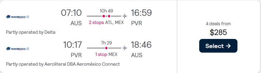 Summer flights from Austin, Texas to Puerto Vallarta, Mexico for only $285 roundtrip with Delta Air Lines and Aeromexico. Flight deal ticket image.