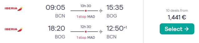 Business Class flights from Barcelona, Spain to Bogota, Colombia for only €1441 roundtrip with Iberia. Flight deal ticket image.