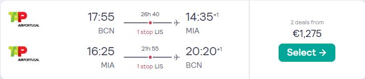 Business Class flights from Barcelona or Madrid, Spain to Miami, USA from only €1275 roundtrip with TAP Air Portugal. Flight deal ticket image.