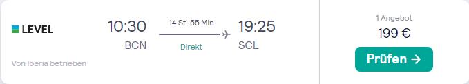 Non-stop flights from Barcelona, Spain to Santiago, Chile for only €199 one-way with Iberia. Flight deal ticket image.