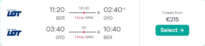Summer flights from German cities to Baku, Azerbaijan from only €215 roundtrip with LOT Polish Airlines. Flight deal ticket image.