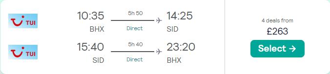 Non-stop flights from Birmingham, UK to Sal, Cape Verde for only £263 roundtrip. Flight deal ticket image.