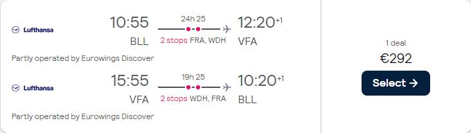 Cheap flights from Billund or Copenhagen, Denmark to Victoria Falls, Zimbabwe from only €292 roundtrip with Lufthansa. Flight deal ticket image.