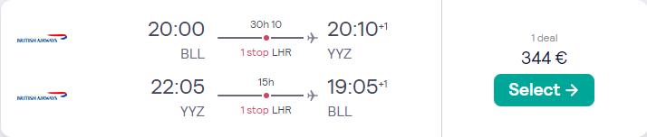 Cheap flights from Billund, Denmark to Toronto, Canada for only €344 roundtrip with British Airways. Flight deal ticket image.