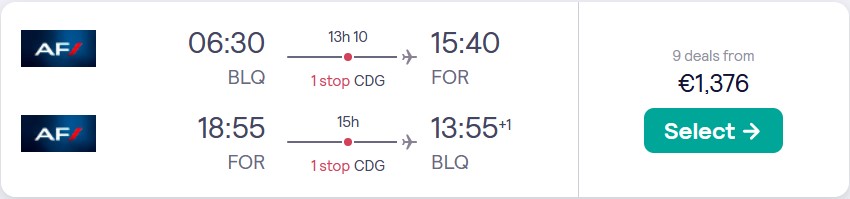 Business Class flights from Bologna, Italy to Fortaleza, Brazil for only €1376 roundtrip with Air France. Flight deal ticket image.