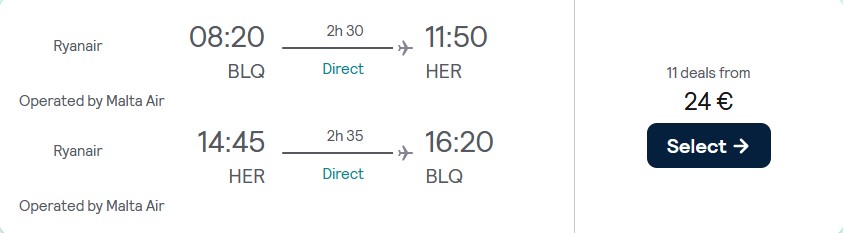 Non-stop flights from Bologna, Italy to the Greek island of Crete for only €24 roundtrip. Flight deal ticket image.