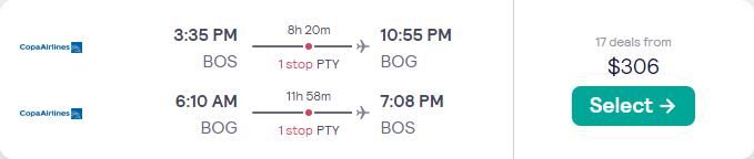 Cheap flights from Boston to Bogota, Colombia for only $306 roundtrip with Copa Airlines. Flight deal ticket image.