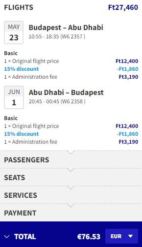 Non-stop flights from Budapest, Hungary to Dubai, UAE for only €76 roundtrip. Flight deal ticket image.
