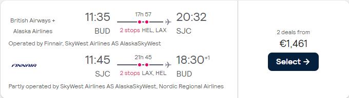 Business Class flights from Budapest, Hungary to San Jose, California for only €1461 roundtrip with Finnair. Flight deal ticket image.
