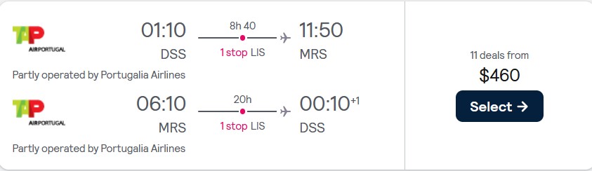 Cheap flights from Dakar, Senegal to Marseille, France for only $460 USD roundtrip with TAP Air Portugal. Flight deal ticket image.