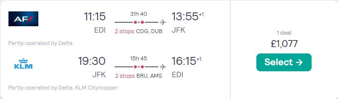 Business Class flights from Edinburgh, Scotland to New York, USA for only £1077 roundtrip with Air France, Delta Air Lines and KLM. Flight deal ticket image.