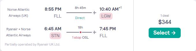 Cheap flights from Fort Lauderdale to London, UK for only $344 roundtrip. Flight deal ticket image.