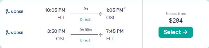 Non-stop flights from Fort Lauderdale to Oslo, Norway for only $284 roundtrip. Flight deal ticket image.