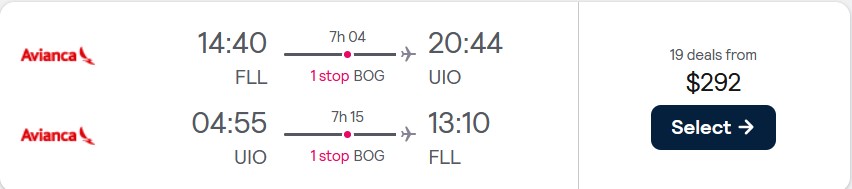 Cheap flights from Fort Lauderdale to Quito, Ecuador for only $292 roundtrip with Avianca. Flight deal ticket image.