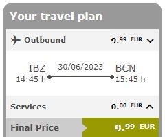 Vueling have put many European routes on sale from only €9 one-way. For example, fly from Ibiza, Spain to Barcelona for only €9 one-way. Flight deal ticket image.