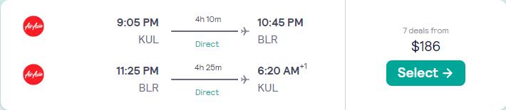 Non-stop flights from Kuala Lumpur, Malaysia to Bangalore, India for only $186 USD roundtrip. Flight deal ticket image.