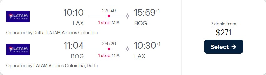 Vols pas chers de Los Angeles à Bogota, Colombie pour seulement 271 $ aller-retour avec Delta Air Lines et LATAM Airlines.  Image du billet de l'offre de vol.