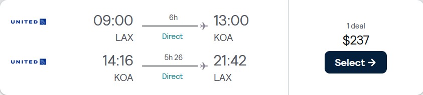Non-stop flights from Los Angeles to Kona, Hawaii for only $237 roundtrip with United Airlines. Also works in reverse. Flight deal ticket image.