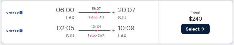 Vols pas chers de Los Angeles à San Juan, Porto Rico pour seulement 240 $ aller-retour avec United Airlines.  Image du billet de l'offre de vol.