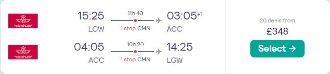 Cheap flights from London, UK to Accra, Ghana for only £348 roundtrip with Royal Air Maroc. Flight deal ticket image.