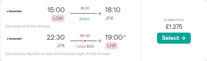 Business Class flights from London, UK to US cities from only £1294 roundtrip with Finnair. Flight deal ticket image.