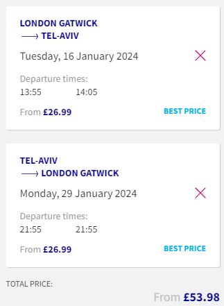 Non-stop flights from London, UK to Tel Aviv, Israel for only £53 roundtrip. Flight deal ticket image.