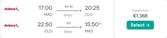 Business Class flights from Madrid, Spain to Cali or Bogota, Colombia from only €1345 roundtrip with Avianca. Flight deal ticket image.