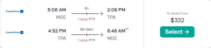 Cheap flights from Medellin, Colombia to Tampa, Florida for only $332 USD roundtrip with Copa Airlines. Flight deal ticket image.