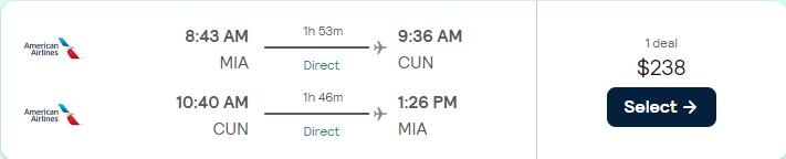 Non-stop flights from Miami or Philadelphia to Cancun, Mexico from only $238 roundtrip with American Airlines. Flight deal ticket image.