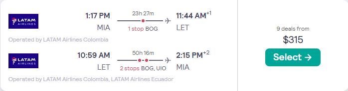 Cheap flights from Miami to Leticia, Colombia for only $315 roundtrip with LATAM Airlines. Flight deal ticket image.