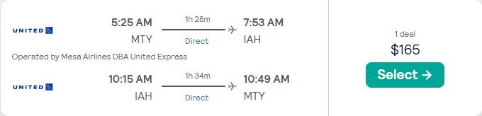 Click here to book this cheap flight deal. Non-stop flights from Monterrey, Mexico to Houston, Texas for only $165 USD roundtrip with United Airlines. Flight deal ticket image.