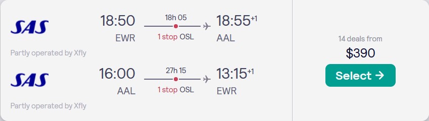 Christmas flights from New York to Aalborg or Copenhagen, Denmark from only $390 roundtrip with Scandinavian Airlines. Flight deal ticket image.