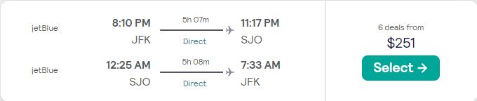 Non-stop flights from New York to San Jose, Costa Rica for only $251 roundtrip with JetBlue. Flight deal ticket image.