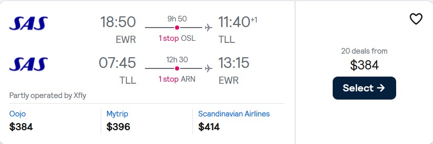 Summer flights from New York to Tallinn, Estonia for only $384 roundtrip with Scandinavian Airlines. Flight deal ticket image.