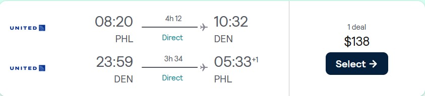 Non-stop flights from Philadelphia to Denver, Colorado for only $138 roundtrip with United Airlines. Also works in reverse. Flight deal ticket image.